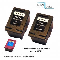 HP302 2x schwarz und 1x farbig recycelte Tintenpatronen